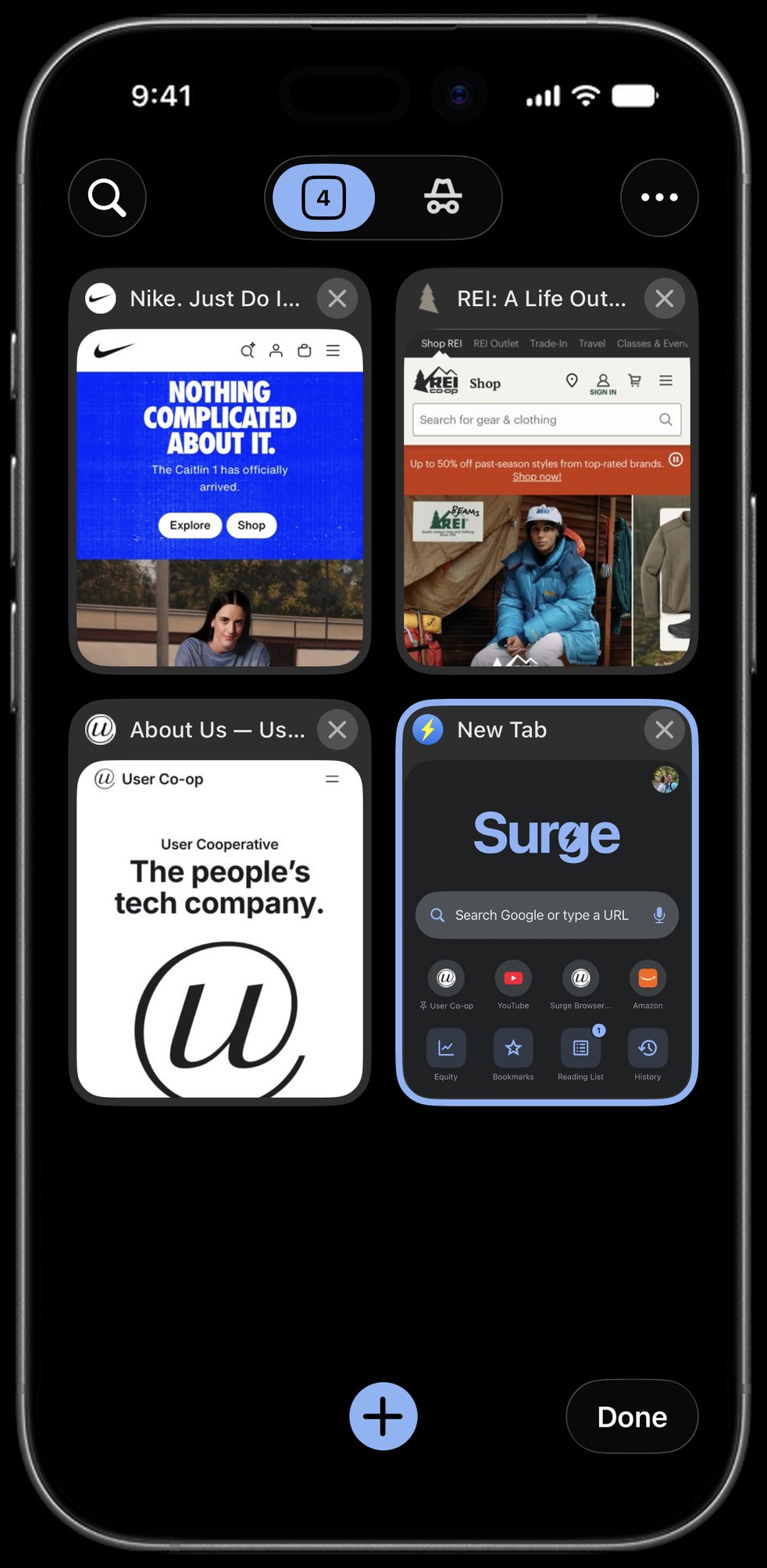 Surge for iPhone tab switcher in dark mode: four open tabs as cards in a grid, the new tab selected
