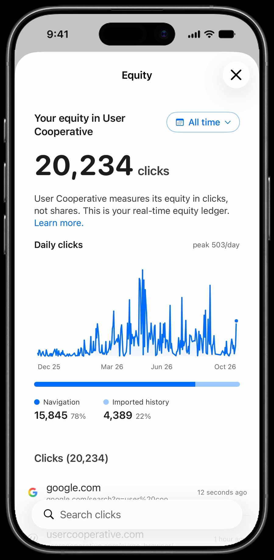 The Surge equity ledger on iPhone