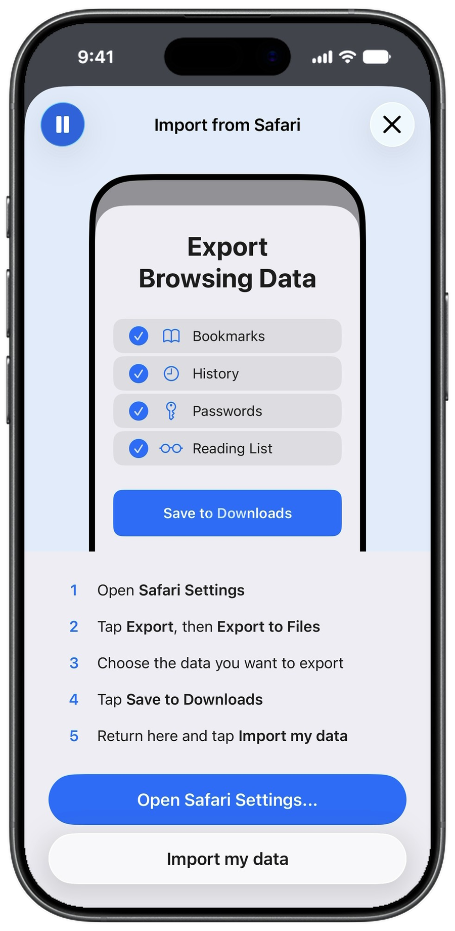 Import from Safari in Surge: choosing bookmarks, history, passwords and reading list to export