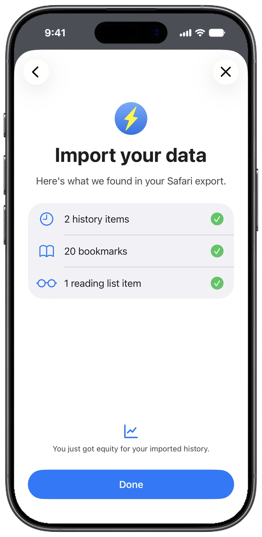 Surge's Import your data: 2 history items, 20 bookmarks and 1 reading list item found, and equity earned for the imported history
